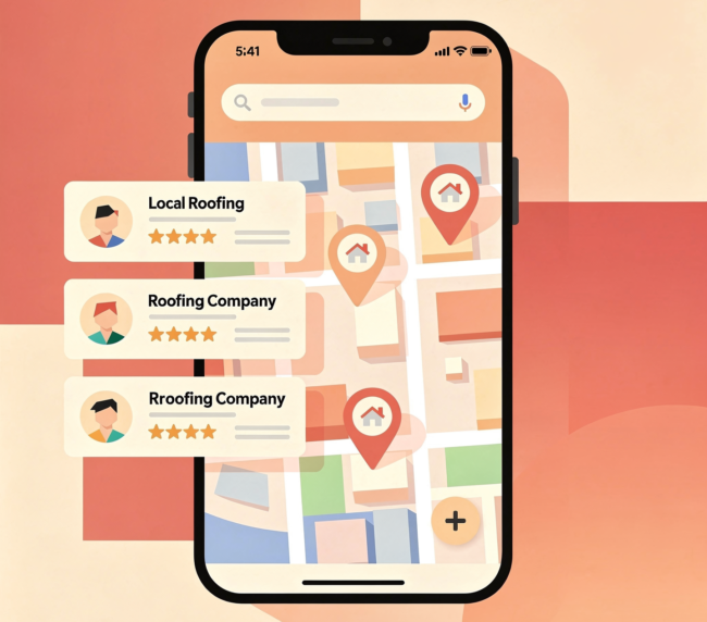 Embedded Google Map showing a roofing company location and service area